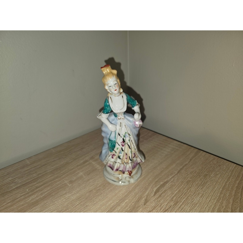 Vintage Made in Japan Porcelain Colonial Lady Figurine Teal and Purple Floral